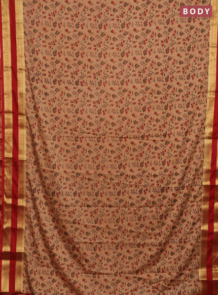 Semi mysore silk saree sandal and red with allover prints and rettapet zari woven border