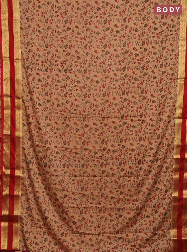 Semi mysore silk saree sandal and red with allover prints and rettapet zari woven border