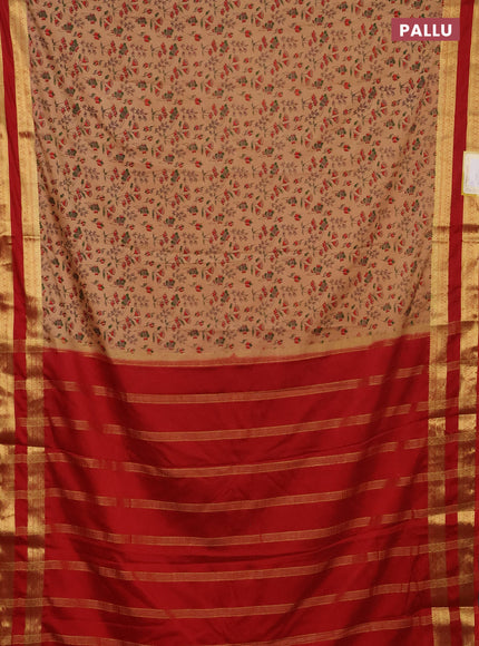 Semi mysore silk saree sandal and red with allover prints and rettapet zari woven border