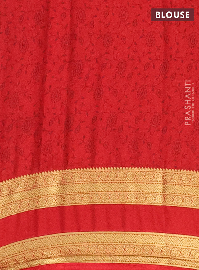 Semi mysore silk saree sandal and red with allover prints and rettapet zari woven border