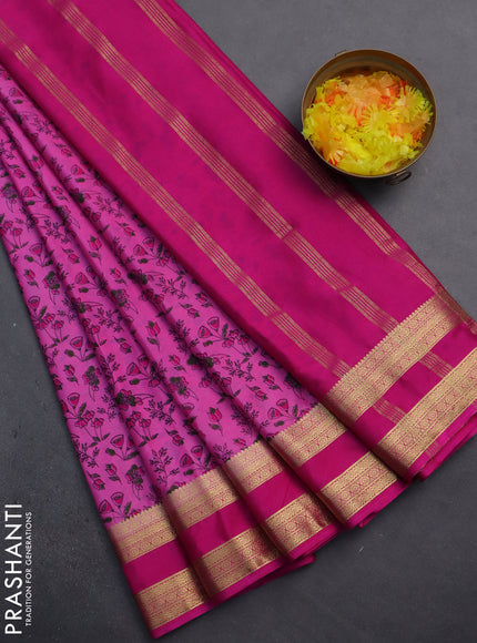 Semi mysore silk saree pink with allover prints and rettapet zari woven border