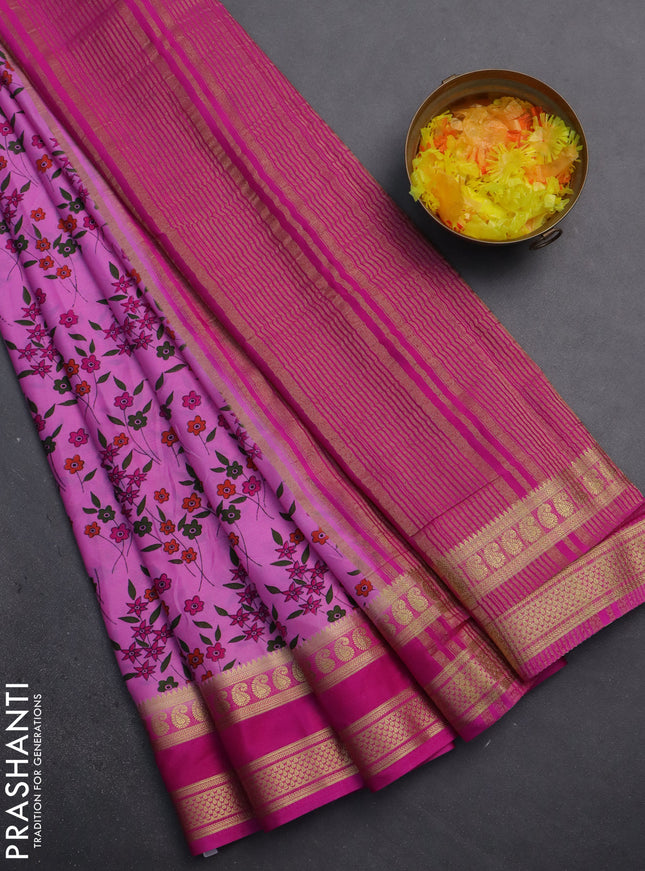 Semi mysore silk saree light pink and pink with floral prints and rettapet zari woven border