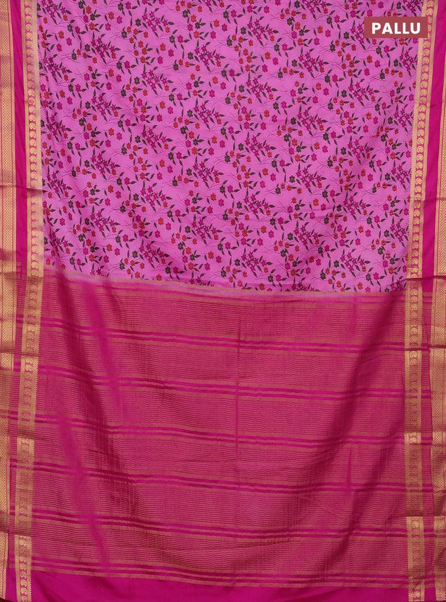 Semi mysore silk saree light pink and pink with floral prints and rettapet zari woven border