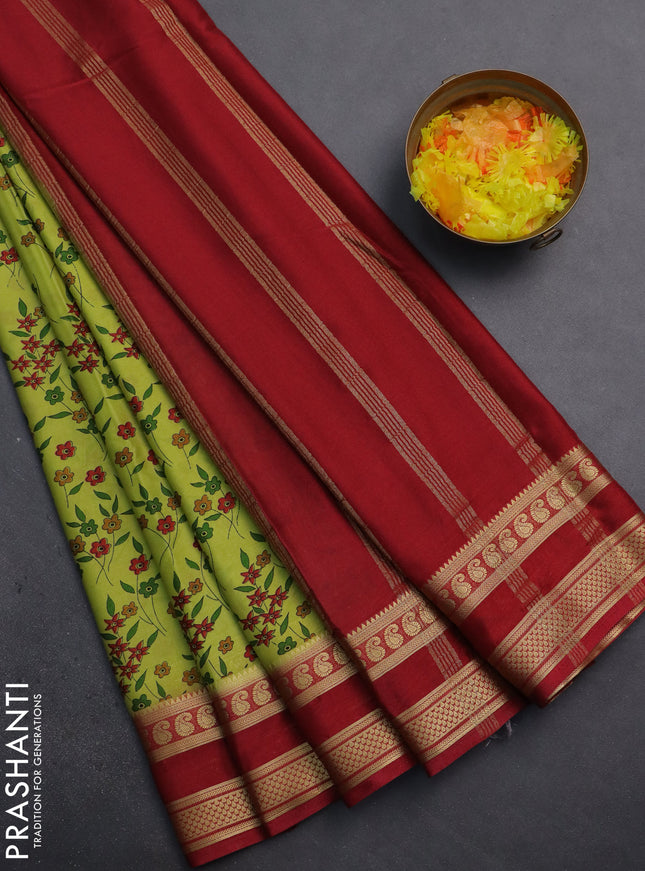 Semi mysore silk saree lime green and maroon with floral prints and rettapet zari woven border
