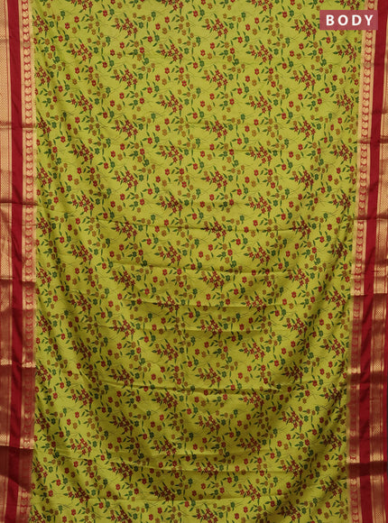Semi mysore silk saree lime green and maroon with floral prints and rettapet zari woven border