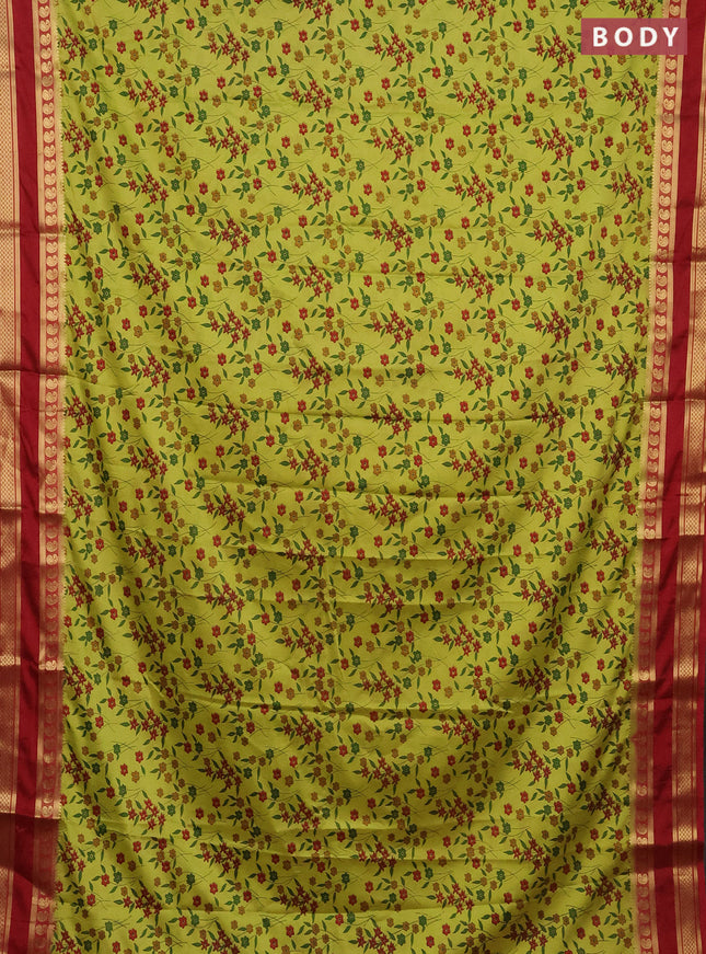 Semi mysore silk saree lime green and maroon with floral prints and rettapet zari woven border