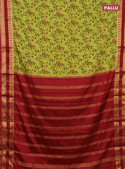 Semi mysore silk saree lime green and maroon with floral prints and rettapet zari woven border