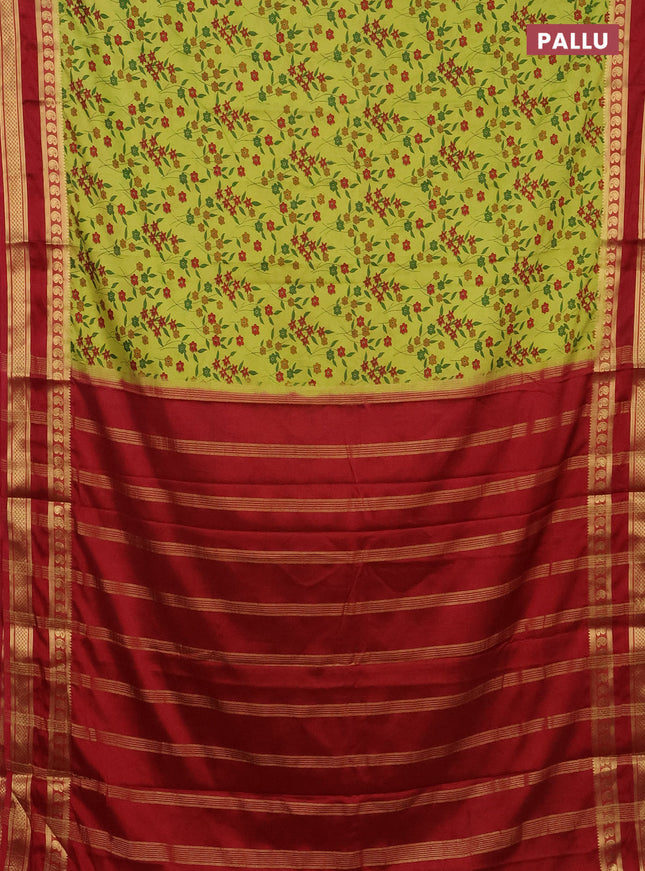 Semi mysore silk saree lime green and maroon with floral prints and rettapet zari woven border