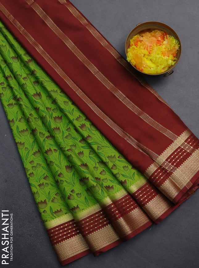 Semi mysore silk saree light green and maroon with floral prints and zari woven border