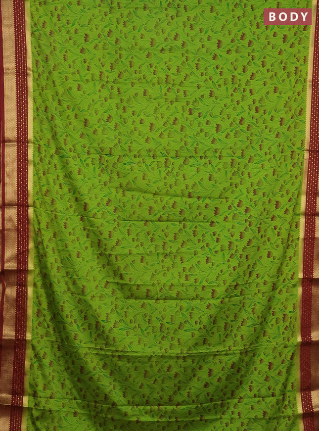 Semi mysore silk saree light green and maroon with floral prints and zari woven border