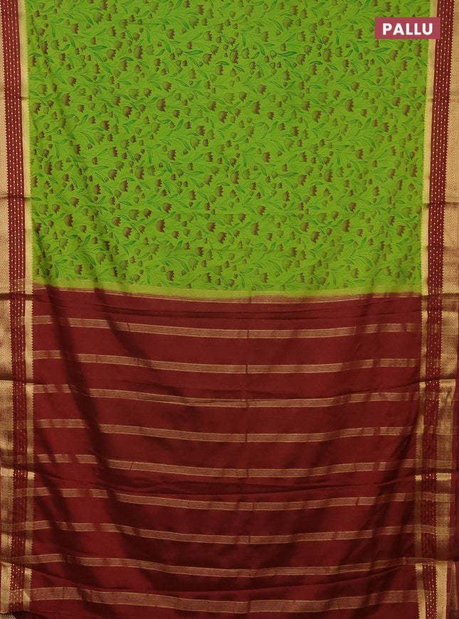 Semi mysore silk saree light green and maroon with floral prints and zari woven border