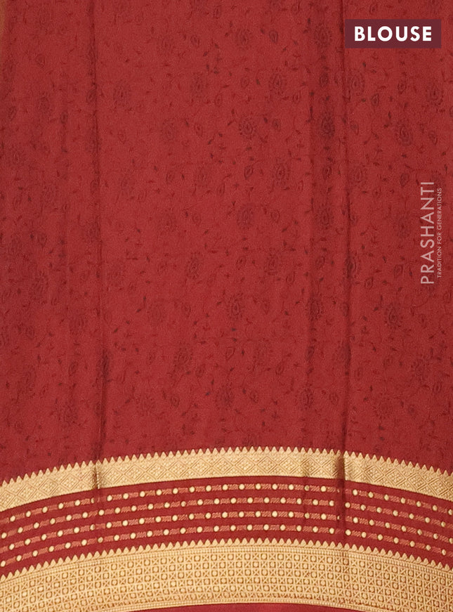 Semi mysore silk saree light green and maroon with floral prints and zari woven border