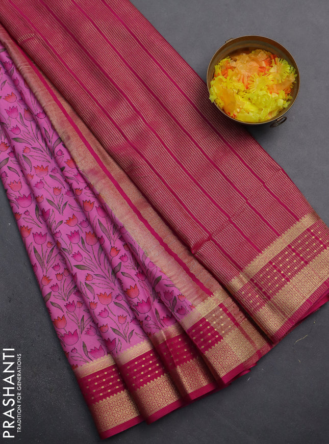 Semi mysore silk saree light pink and pink with floral prints and zari woven border