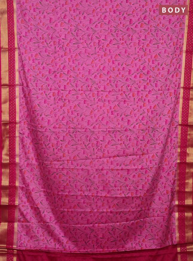 Semi mysore silk saree light pink and pink with floral prints and zari woven border