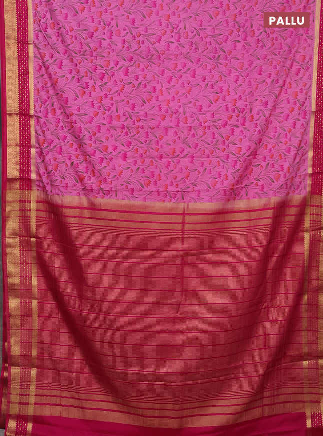 Semi mysore silk saree light pink and pink with floral prints and zari woven border