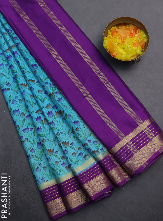 Semi mysore silk saree light blue and purple with floral prints and zari woven border