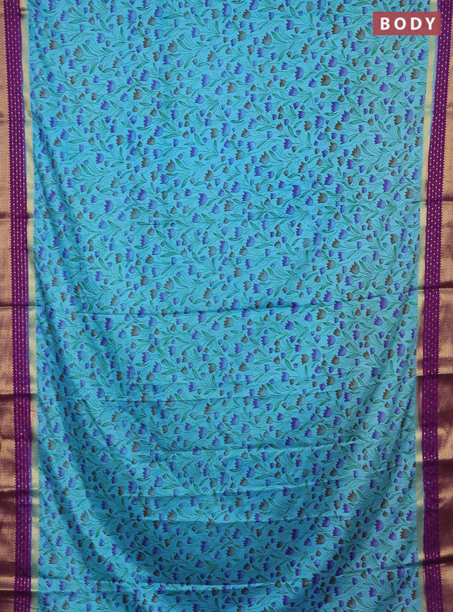 Semi mysore silk saree light blue and purple with floral prints and zari woven border