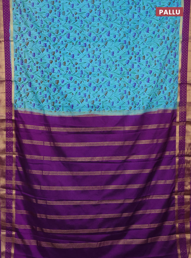Semi mysore silk saree light blue and purple with floral prints and zari woven border