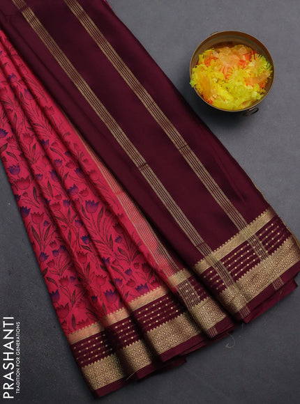 Semi mysore silk saree pink and wine shade with floral prints and zari woven border