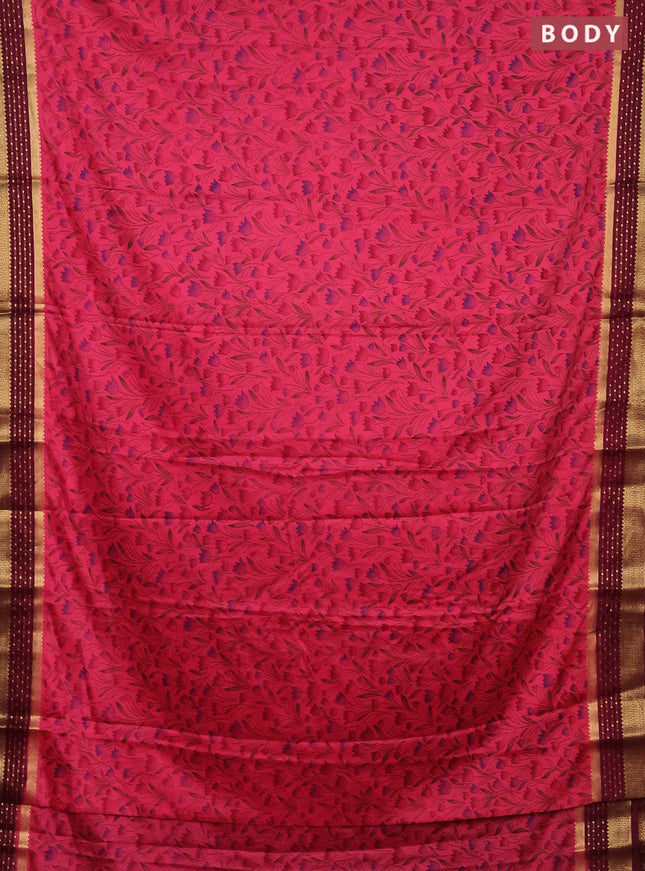 Semi mysore silk saree pink and wine shade with floral prints and zari woven border