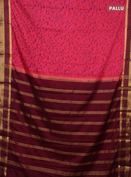 Semi mysore silk saree pink and wine shade with floral prints and zari woven border
