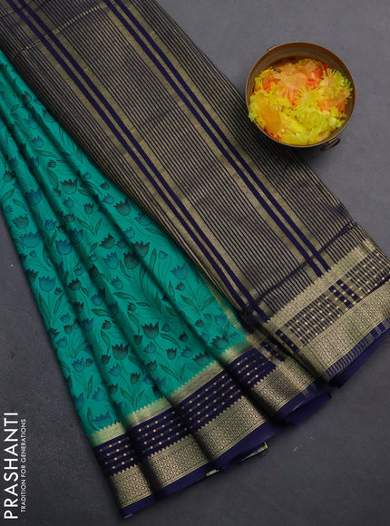 Semi mysore silk saree teal green and navy blue with floral prints and zari woven border