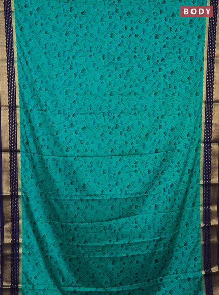 Semi mysore silk saree teal green and navy blue with floral prints and zari woven border