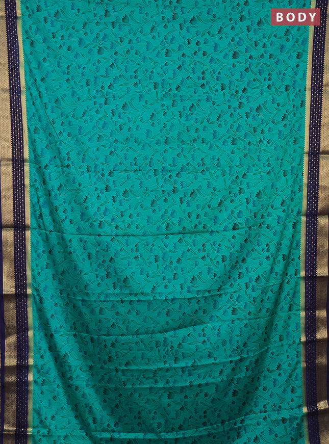 Semi mysore silk saree teal green and navy blue with floral prints and zari woven border