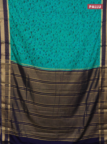 Semi mysore silk saree teal green and navy blue with floral prints and zari woven border