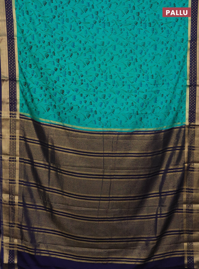 Semi mysore silk saree teal green and navy blue with floral prints and zari woven border