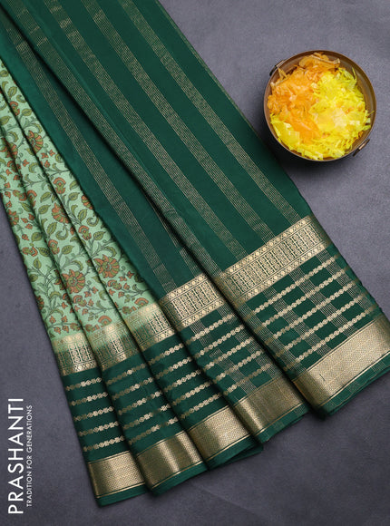 Semi mysore silk saree pastel green and green with allover kalamkari prints and long zari woven border