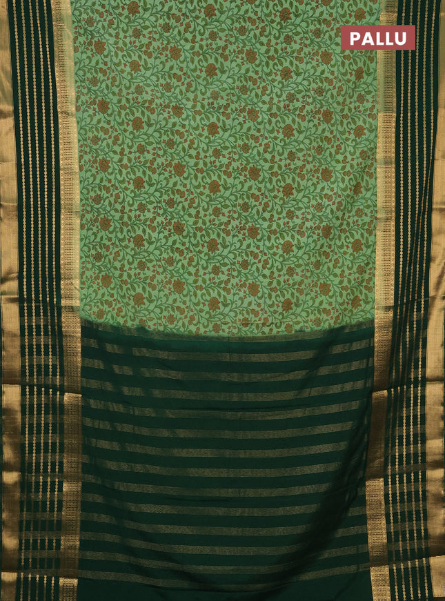 Semi mysore silk saree pastel green and green with allover kalamkari prints and long zari woven border