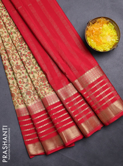 Semi mysore silk saree sandal and red with allover kalamkari prints and long zari woven border
