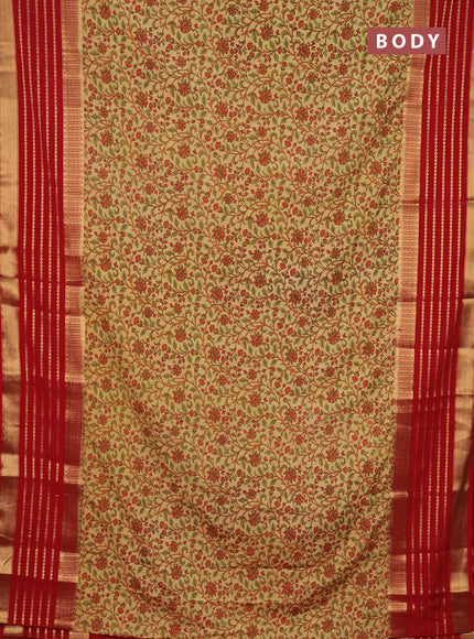 Semi mysore silk saree sandal and red with allover kalamkari prints and long zari woven border