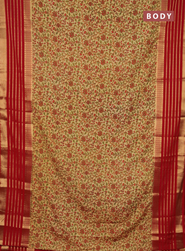 Semi mysore silk saree sandal and red with allover kalamkari prints and long zari woven border