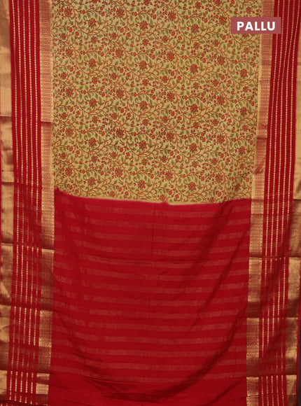 Semi mysore silk saree sandal and red with allover kalamkari prints and long zari woven border