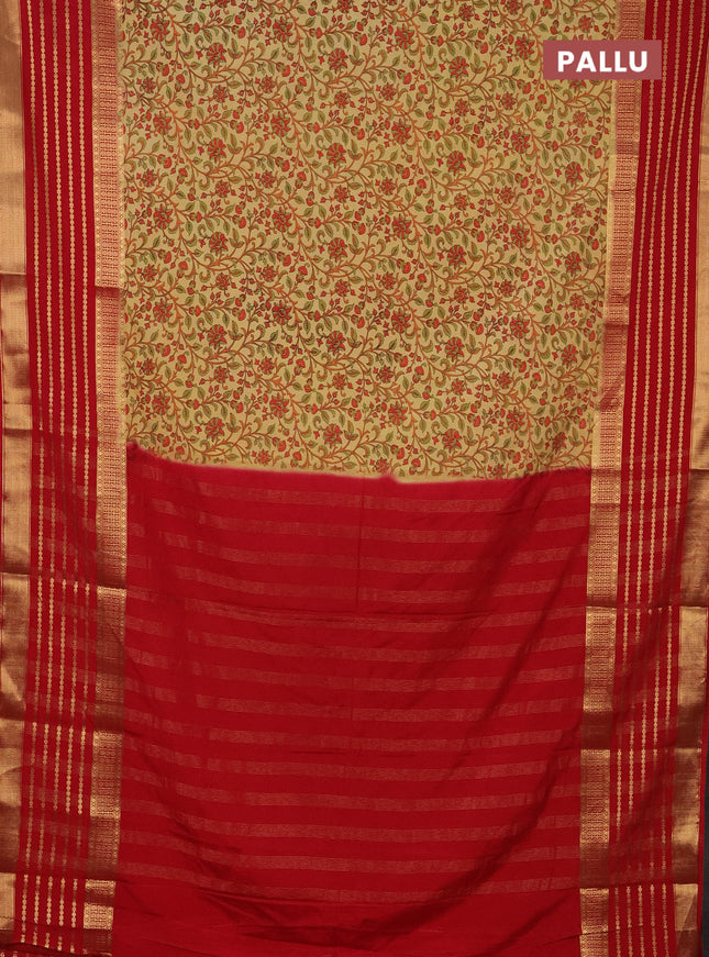 Semi mysore silk saree sandal and red with allover kalamkari prints and long zari woven border