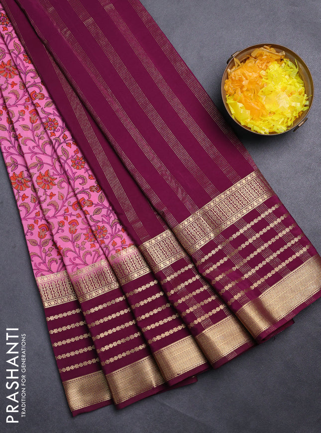 Semi mysore silk saree light pink and wine shade with allover kalamkari prints and long zari woven border