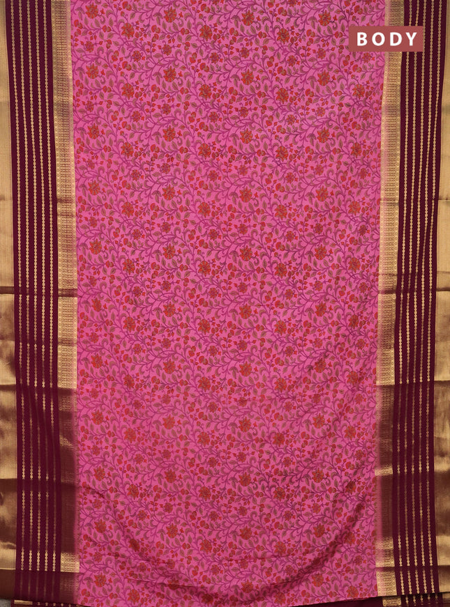 Semi mysore silk saree light pink and wine shade with allover kalamkari prints and long zari woven border