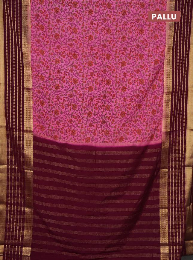 Semi mysore silk saree light pink and wine shade with allover kalamkari prints and long zari woven border