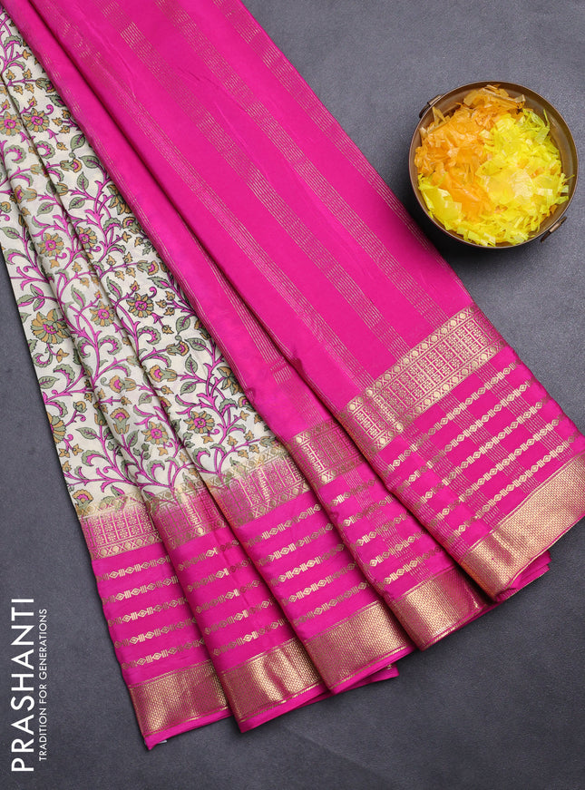 Semi mysore silk saree cream and pink with allover kalamkari prints and long zari woven border
