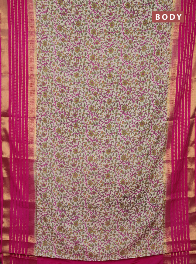 Semi mysore silk saree cream and pink with allover kalamkari prints and long zari woven border