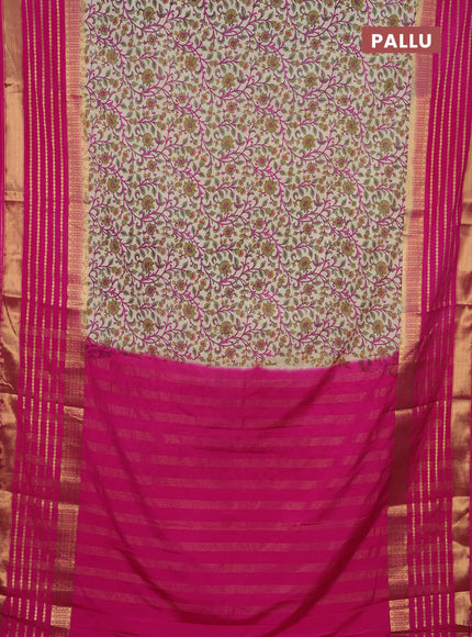 Semi mysore silk saree cream and pink with allover kalamkari prints and long zari woven border