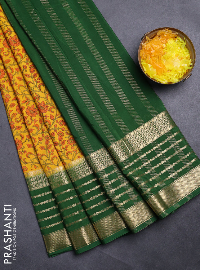 Semi mysore silk saree yellow and green with allover kalamkari prints and long zari woven border