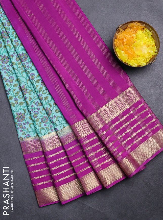 Semi mysore silk saree teal blue and purple with allover kalamkari prints and long zari woven border