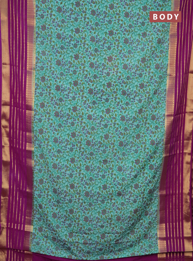 Semi mysore silk saree teal blue and purple with allover kalamkari prints and long zari woven border