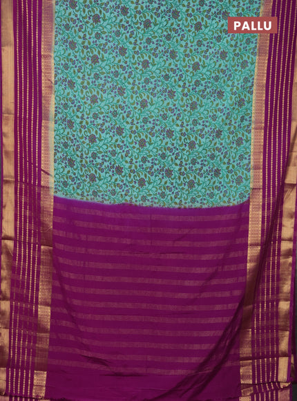 Semi mysore silk saree teal blue and purple with allover kalamkari prints and long zari woven border