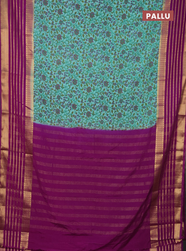 Semi mysore silk saree teal blue and purple with allover kalamkari prints and long zari woven border