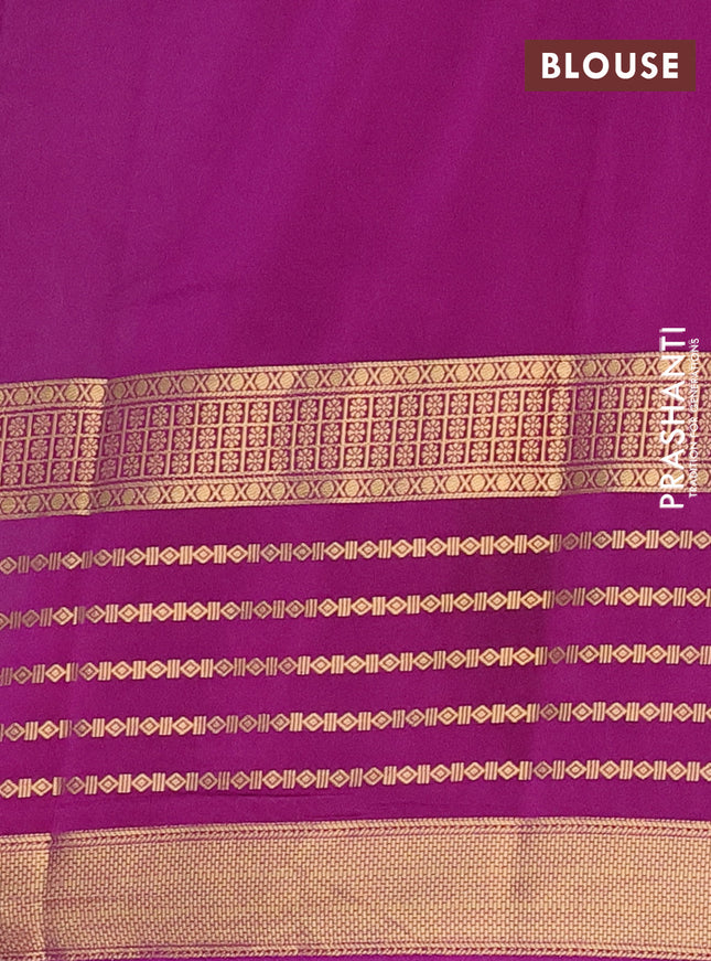 Semi mysore silk saree teal blue and purple with allover kalamkari prints and long zari woven border