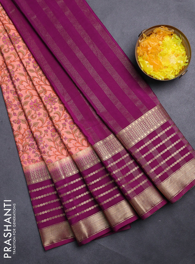 Semi mysore silk saree peach shade and purple with allover kalamkari prints and long zari woven border